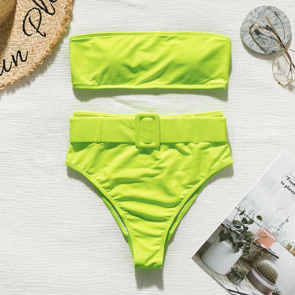 High waist Brazilian neon bikini 2019 Belt swimwear women Bandeau swimsuit female Push up bathing suit Summer bathers biquini