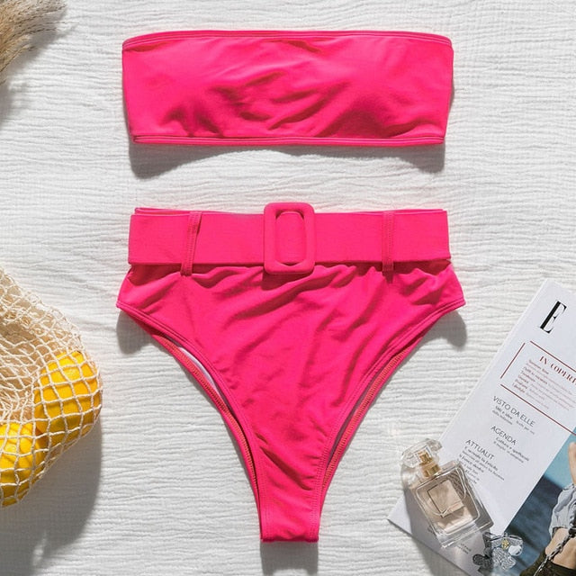 High waist Brazilian neon bikini 2019 Belt swimwear women Bandeau swimsuit female Push up bathing suit Summer bathers biquini
