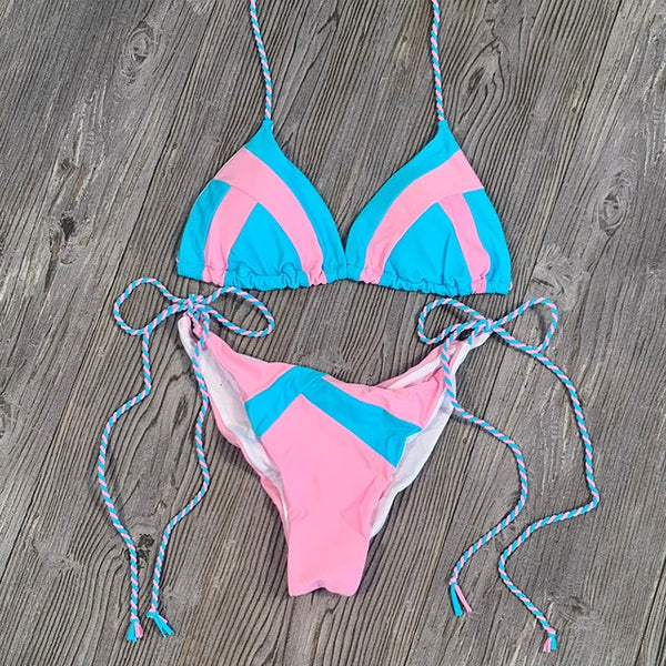 Sexy Floral Print Bikinis Striped Patchwork Swimsuit Women Bandage Bikini Set Swimwear Brazilian Beachwear New Bathing Suit