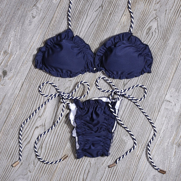 Sexy Floral Print Bikinis Striped Patchwork Swimsuit Women Bandage Bikini Set Swimwear Brazilian Beachwear New Bathing Suit