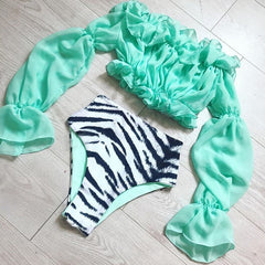In-X Sexy neon green bikini set Mesh long sleeve swimsuit female High waist bikini 2019 Snake print swimwear Bathing suit women
