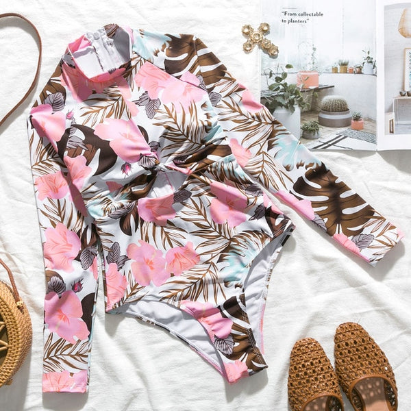 Summer 2020 Leaves print swimsuit female Long sleeve sexy bikini Brazilian one piece bodysuit Push up swimwear women monokini