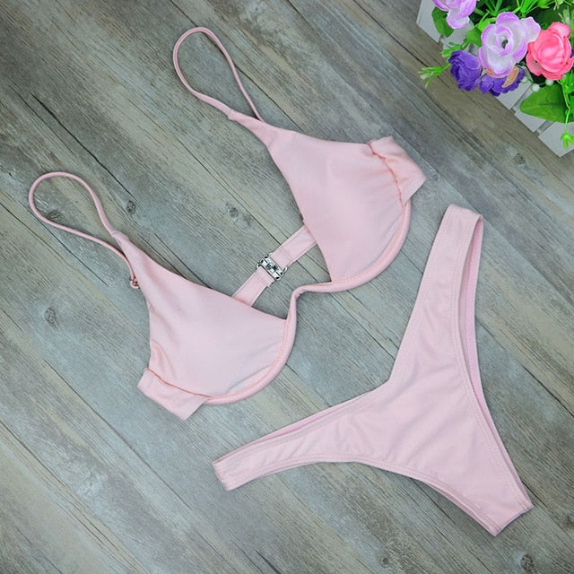 2019 New high cut thong bathing suit high waist swimsuit Solid swimwear women Brazilian Biquini swim beach micro bikini set