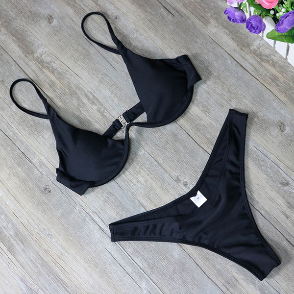 2019 New high cut thong bathing suit high waist swimsuit Solid swimwear women Brazilian Biquini swim beach micro bikini set